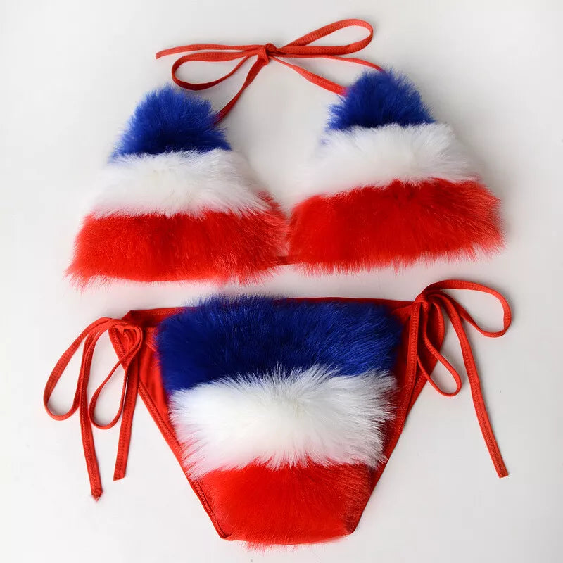 Women Natural Real Fur Sexy Bikini Two Piece Set Micro Bra G-string Thong