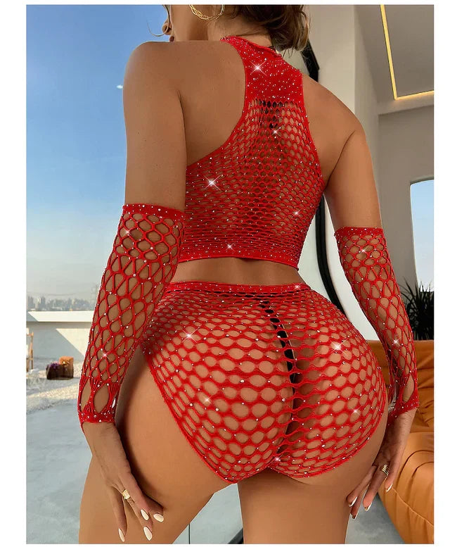 Freesize Women See Through Mesh Erotic Lingeries Knitted Bodysuit Bodystocking Dress