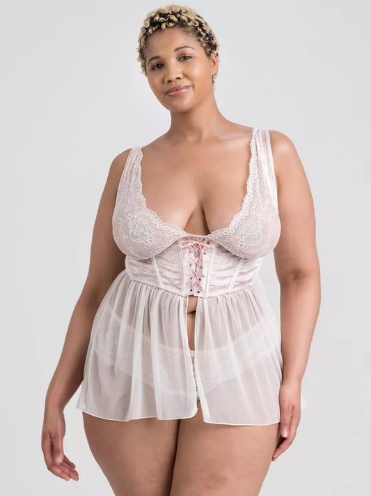 Lovehoney Plus Size Vintage Romance Sheer Ivory Lace Babydoll and Corset Set
