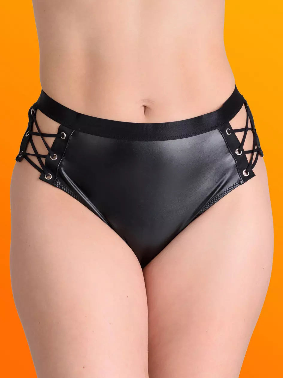 Lovehoney Fierce Leather Look Lace-Up Black Crotchless Open-Back Knickers