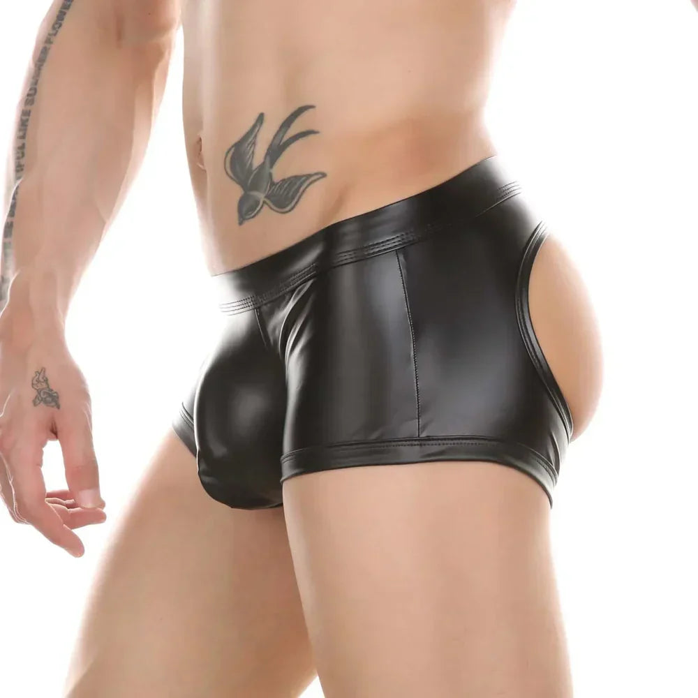 Leather Boxers Brief Backless Buttocks Underwear Bulge Pouch Underpants