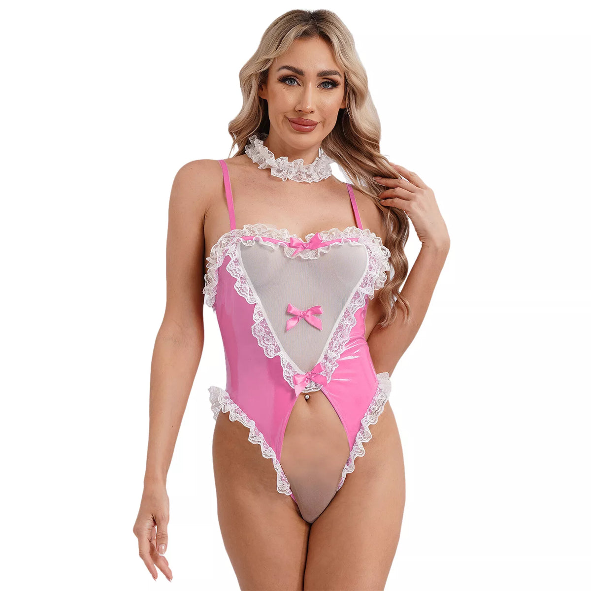Women's Sexy Maid Costume Lingerie Teddy Crotchless Bodysuit with Lace Choker