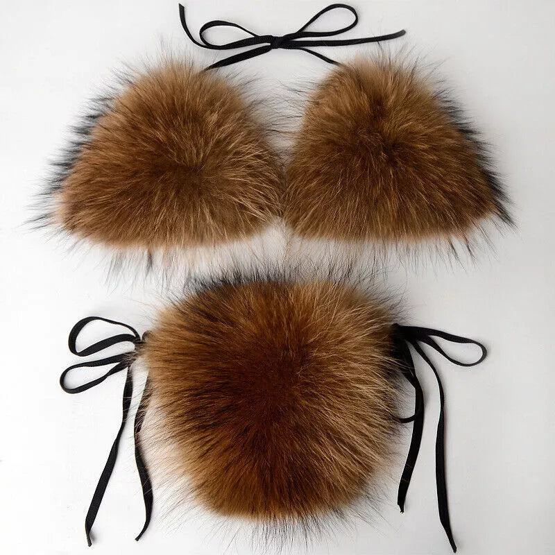 Women Natural Real Fur Sexy Bikini Two Piece Set Micro Bra G-string Thong