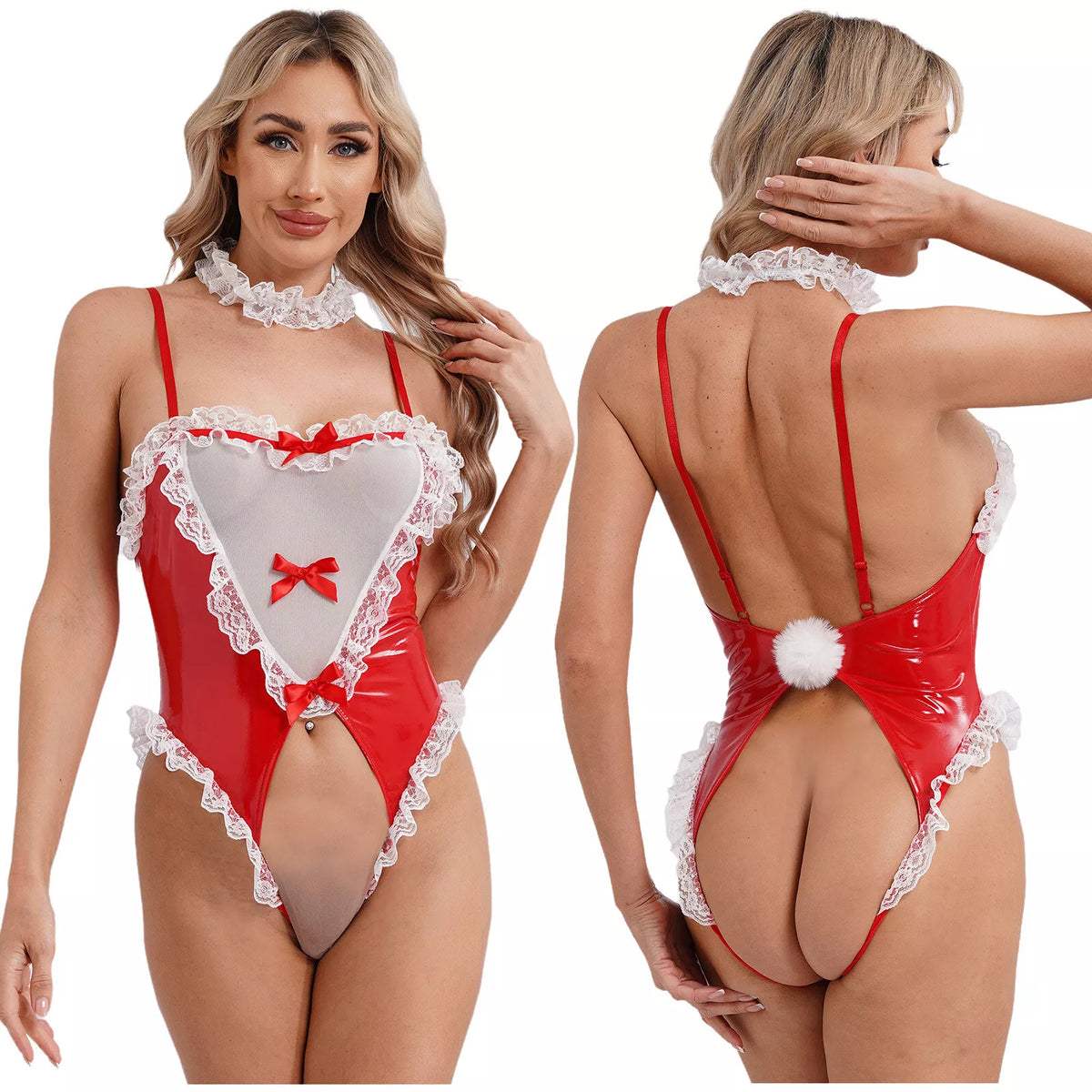 Women's Sexy Maid Costume Lingerie Teddy Crotchless Bodysuit with Lace Choker