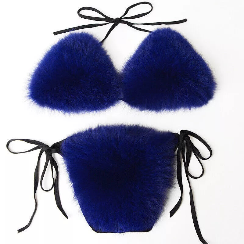 Women Natural Real Fur Sexy Bikini Two Piece Set Micro Bra G-string Thong