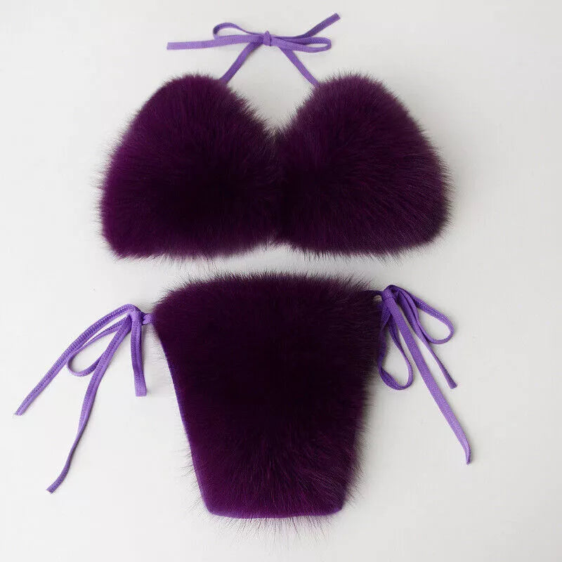 Women Natural Real Fur Sexy Bikini Two Piece Set Micro Bra G-string Thong
