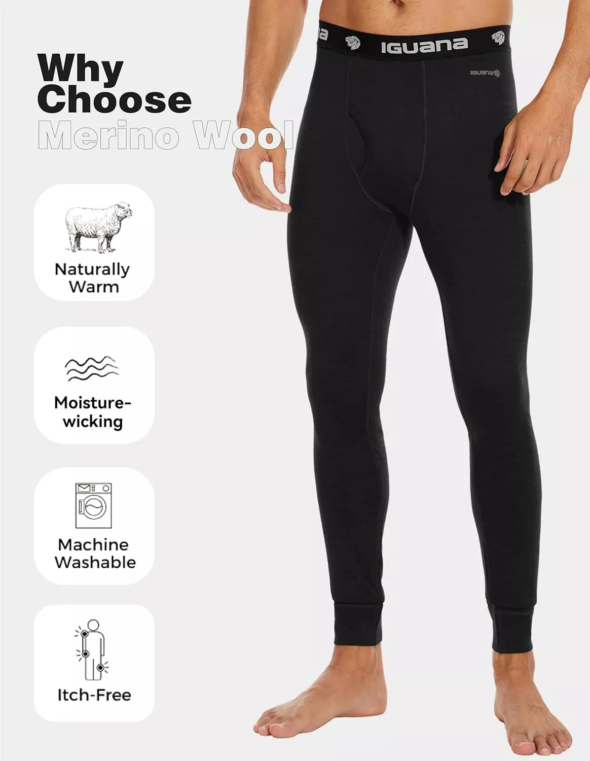 Men's 100% Merino Wool Base Layer Pants Ski Thermal Underwear Long Johns Bottom