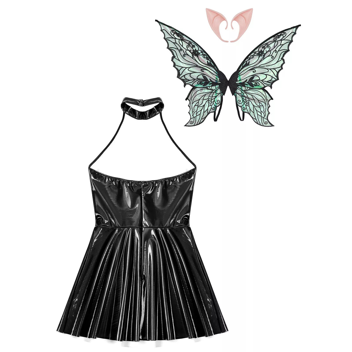 Women's Costume Shiny Halter Dress with Elf Ears And Butterfly Wings