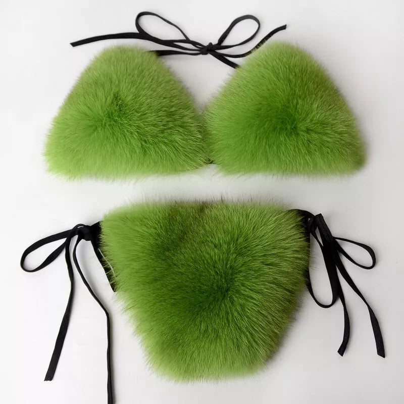Women Natural Real Fur Sexy Bikini Two Piece Set Micro Bra G-string Thong