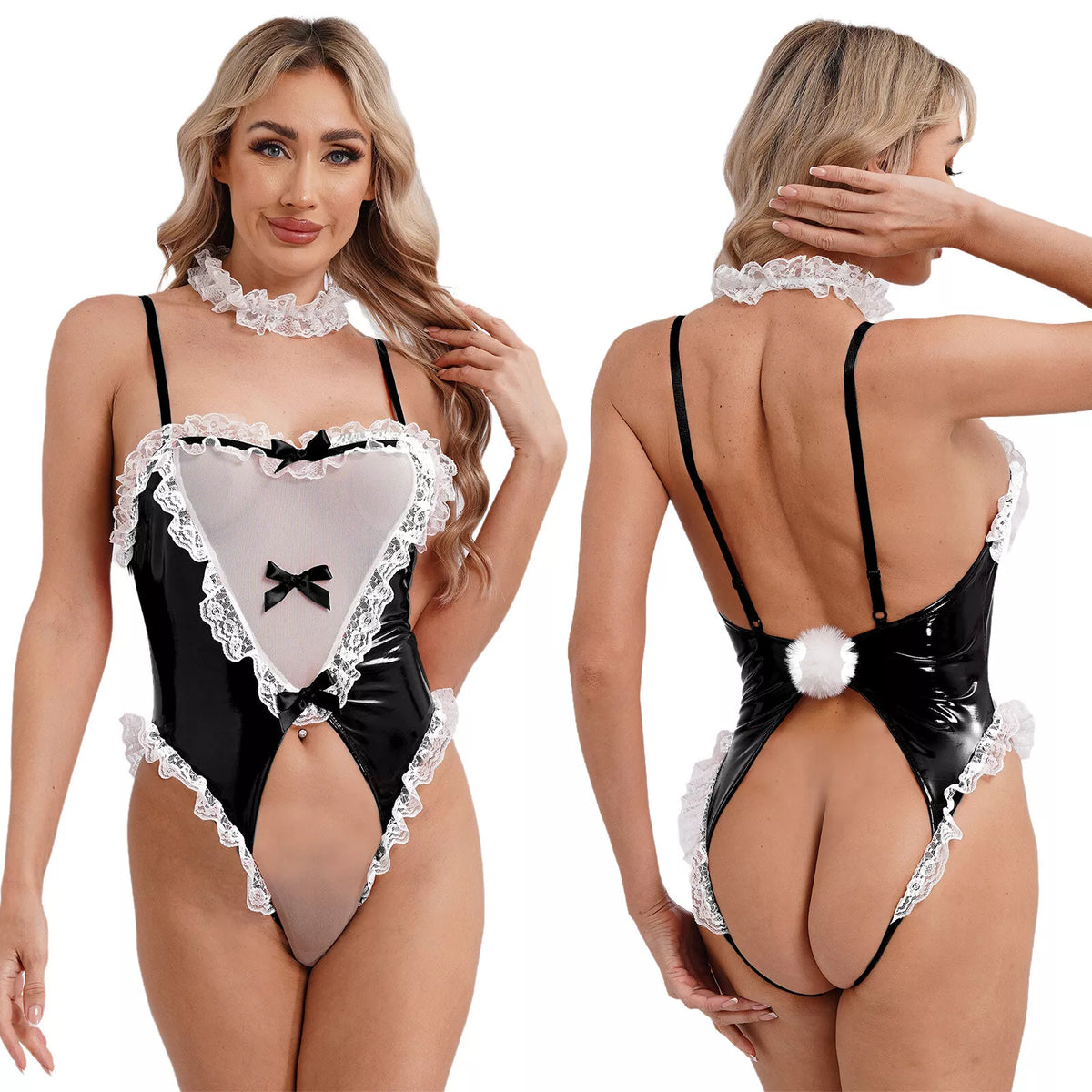 Women's Sexy Maid Costume Lingerie Teddy Crotchless Bodysuit with Lace Choker