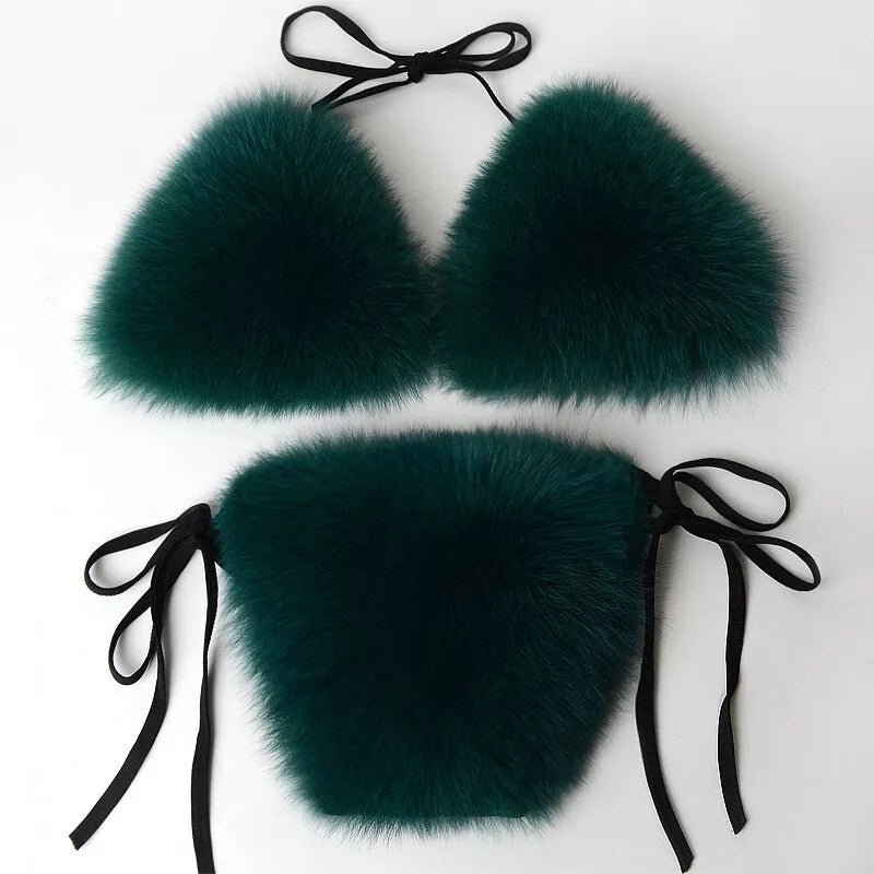 Women Natural Real Fur Sexy Bikini Two Piece Set Micro Bra G-string Thong