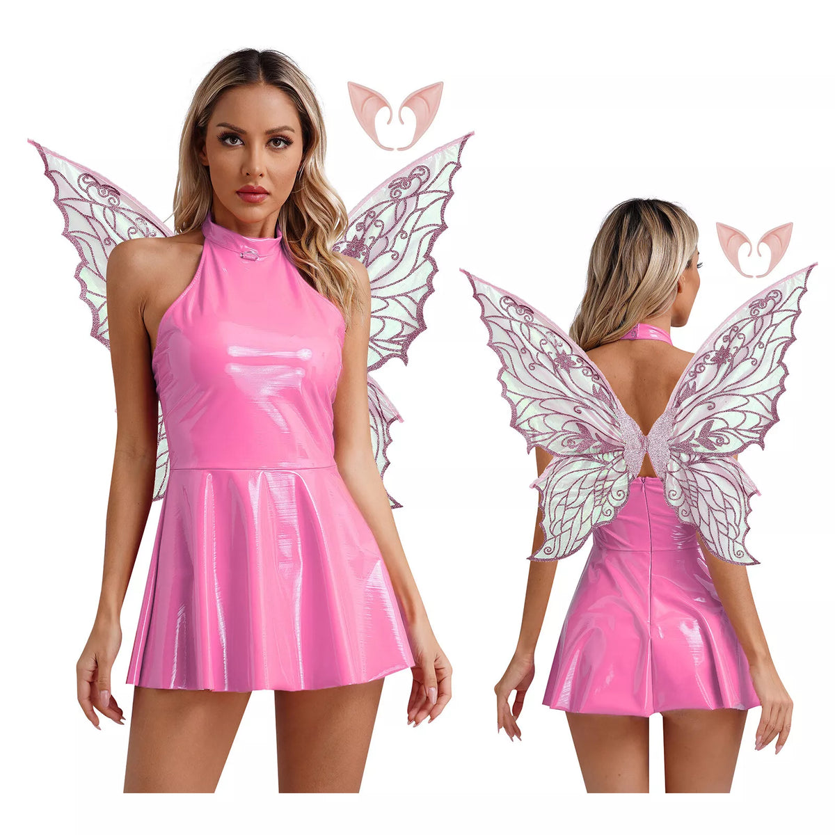 Women's Costume Shiny Halter Dress with Elf Ears And Butterfly Wings