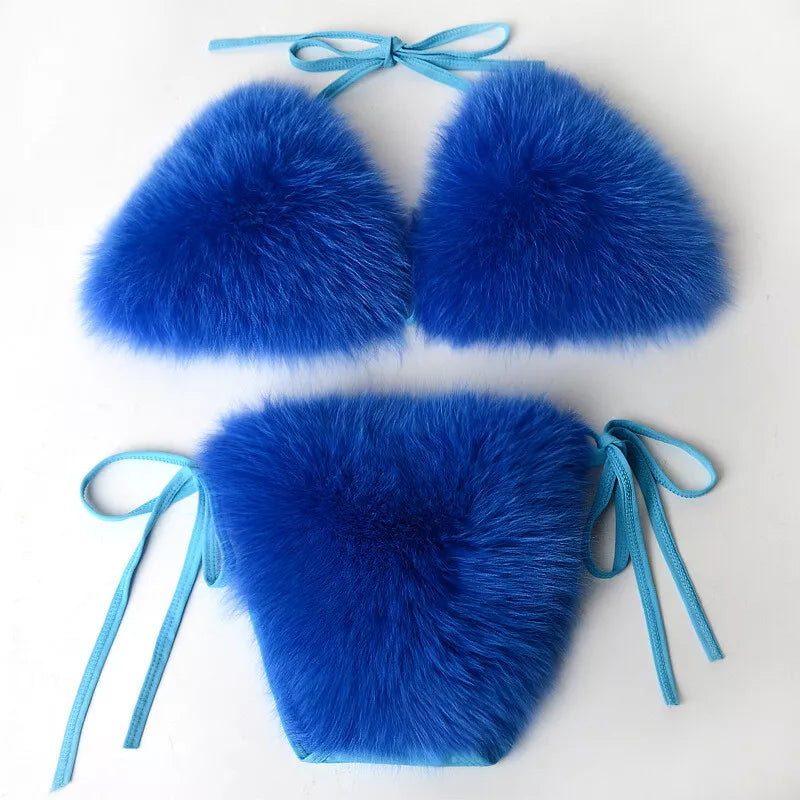 Women Natural Real Fur Sexy Bikini Two Piece Set Micro Bra G-string Thong