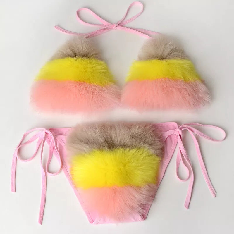 Women Natural Real Fur Sexy Bikini Two Piece Set Micro Bra G-string Thong