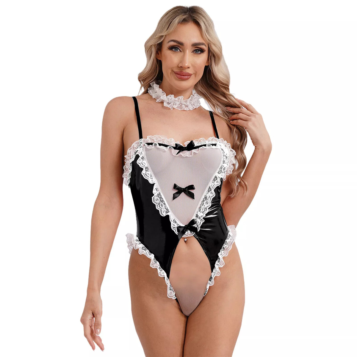 Women's Sexy Maid Costume Lingerie Teddy Crotchless Bodysuit with Lace Choker