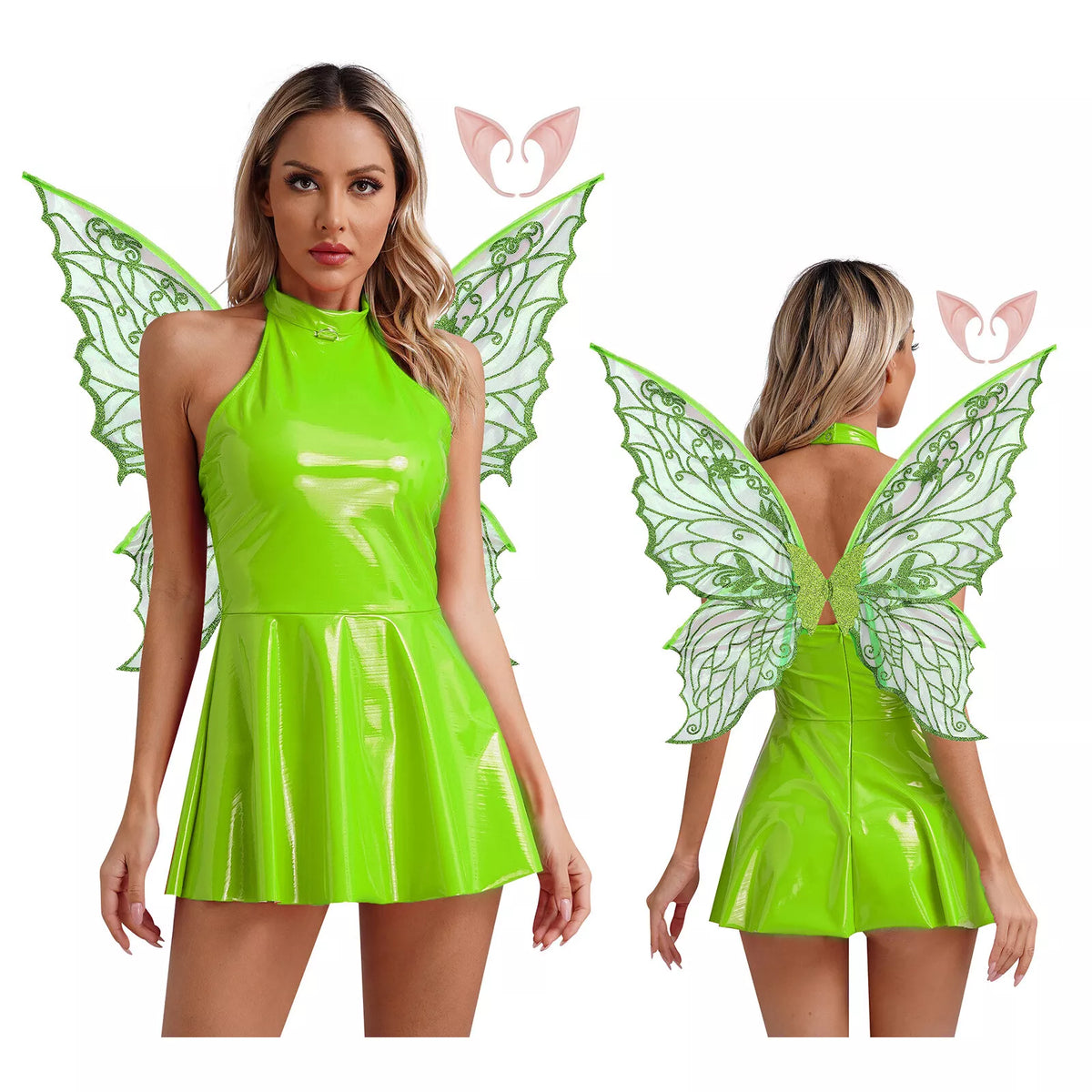 Women's Costume Shiny Halter Dress with Elf Ears And Butterfly Wings