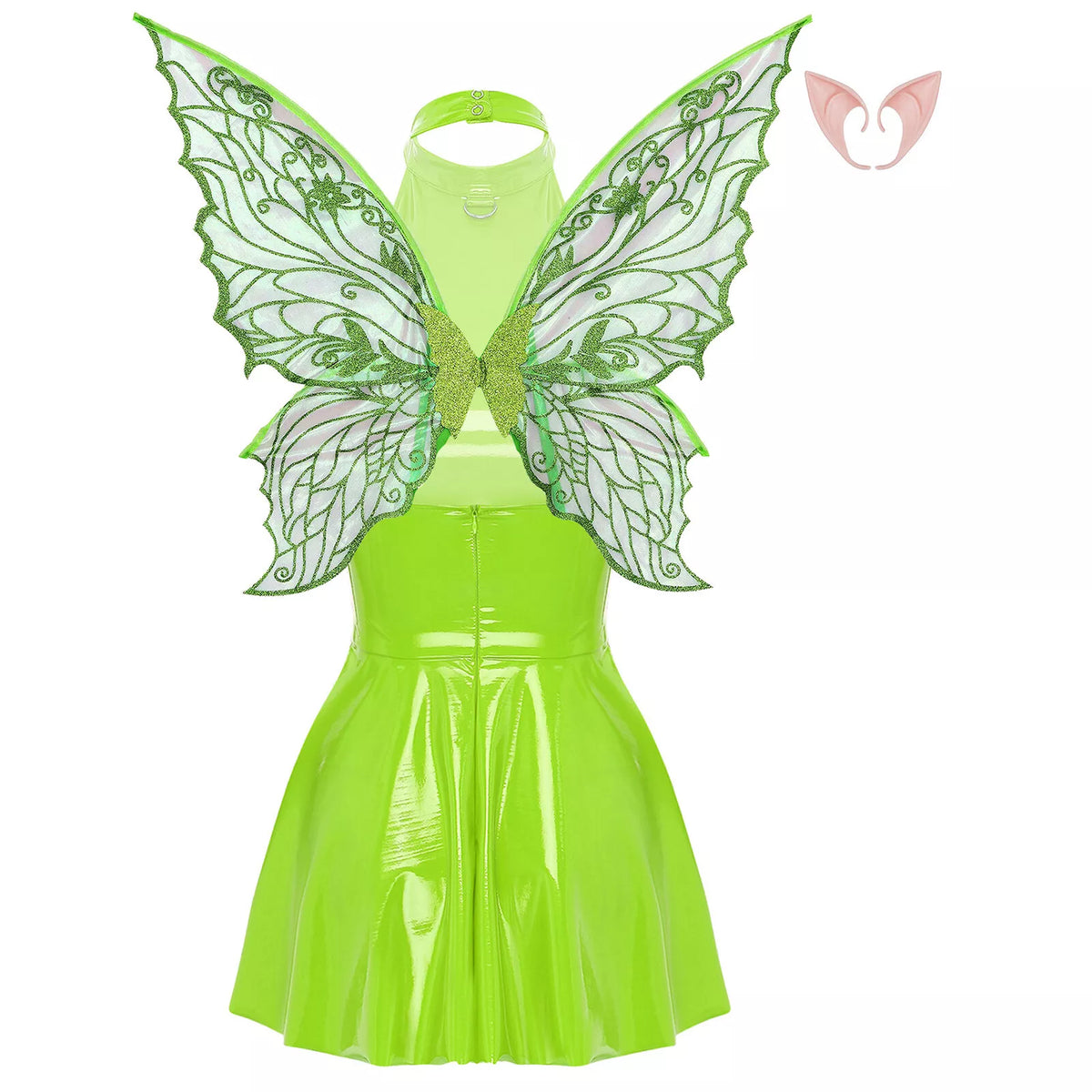 Women's Costume Shiny Halter Dress with Elf Ears And Butterfly Wings
