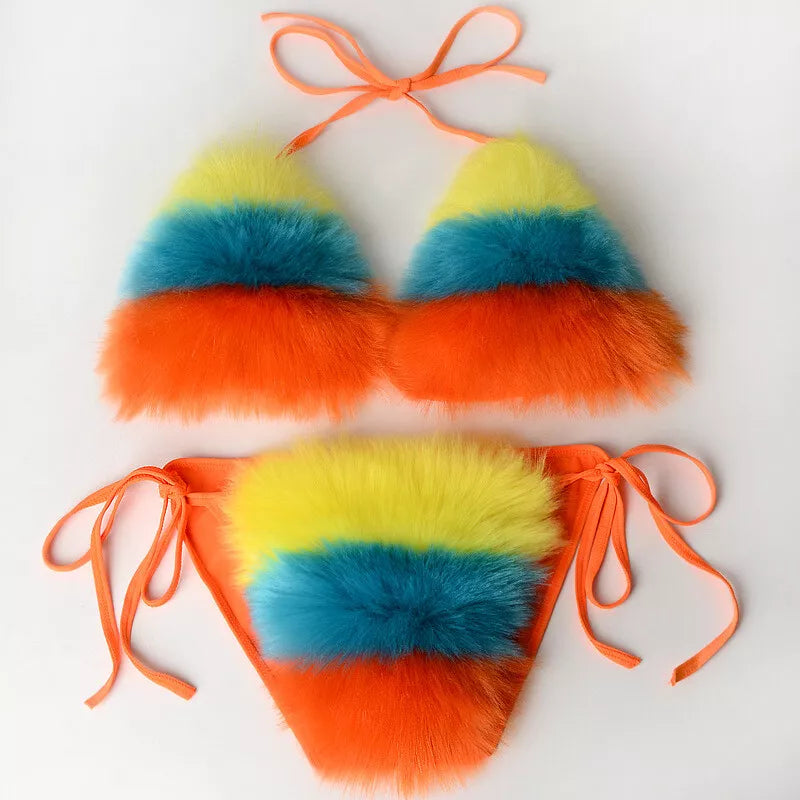 Women Natural Real Fur Sexy Bikini Two Piece Set Micro Bra G-string Thong