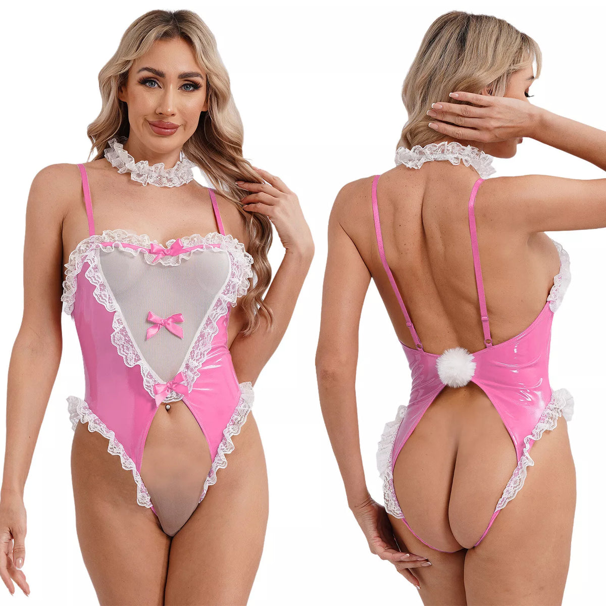 Women's Sexy Maid Costume Lingerie Teddy Crotchless Bodysuit with Lace Choker