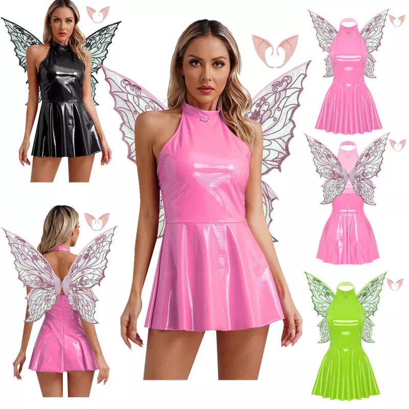 Women's Costume Shiny Halter Dress with Elf Ears And Butterfly Wings